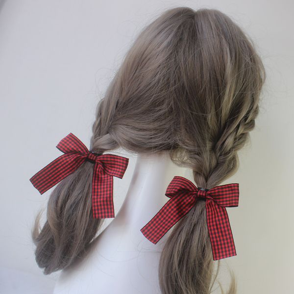 

girl's heart bow double horsetail ornament jk headdress lolita soft girl hair rope plaid hairband
