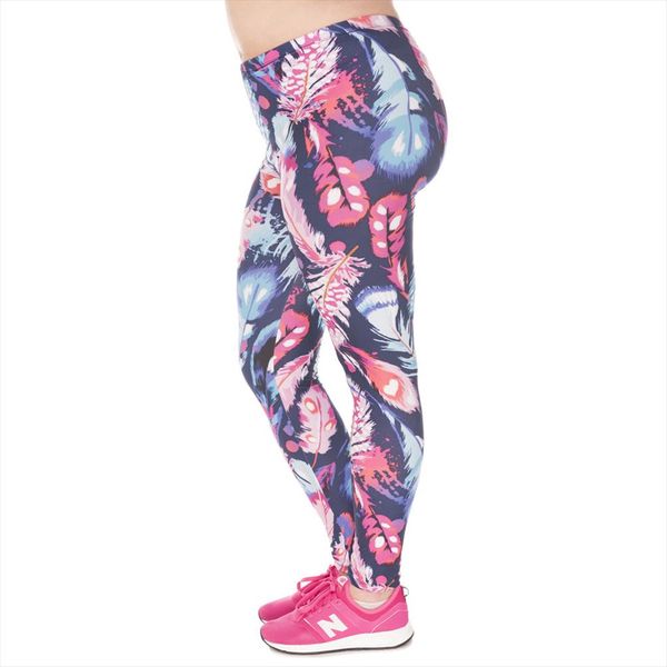 

large size leggings feathers color printed leggins plus size trousers stretch pants for plump wome, Black