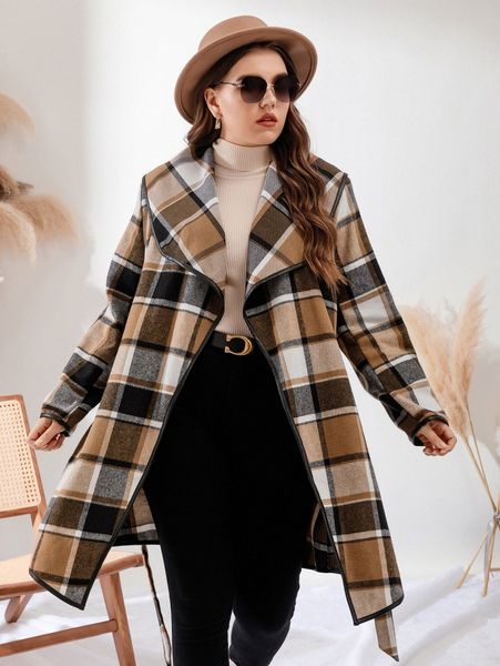

plus plaid waterfall collar belted overcoat y8ay#, Black
