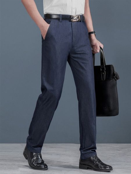 

men slant pockets straight leg jeans without belt 37kl#, Blue