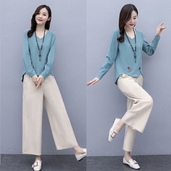 

v5el4 and wide-leg pants suit for linen 2020 autumn new casual temperament size large belly-covering wide leg pants cotton women cotton line, Gray