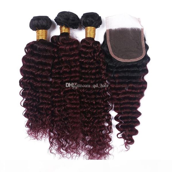 

dark roots ombre 1b 99j deep wave hair bundles with lace closure human burgundy 1b 99j deep curly hair with lace closure 4x4, Black