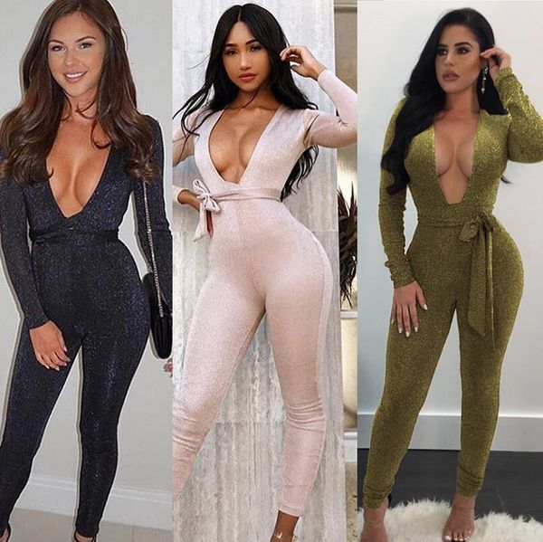 

jumpsuits women long sleeves jumpsuit slim trouser bodycon elegant rompers deep v neck clothes casual spring autumn lace up, Black;white