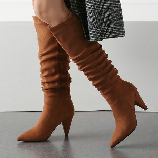 

slouch womens white knee high heeled pointed toe long winter red brown black female boots casual autumn shoes q1104