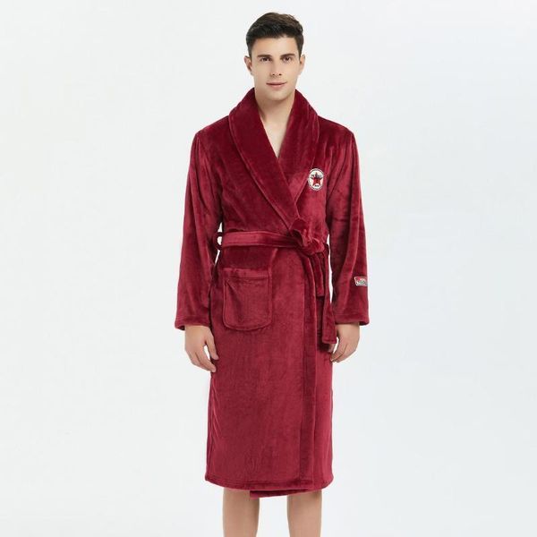 

men robe kimono gown casual bathrobe gown nightgown soft homewear keep warm flannel nightwear elegant solid burgundy sleepwear1, Black;brown