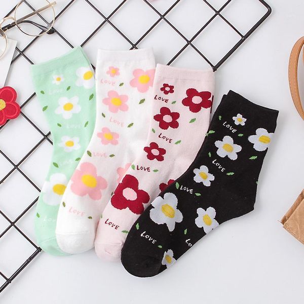 

korean style cartoon letter flower kawaii socks women black white antumn winter womens cute socks for ladies 0926031