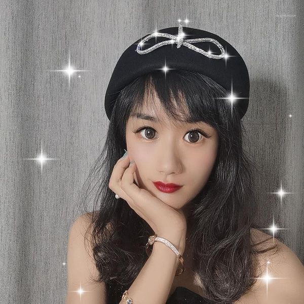 

autumn and winter black wool women's berets painter female fashion women's hat super diamond cap1, Blue;gray