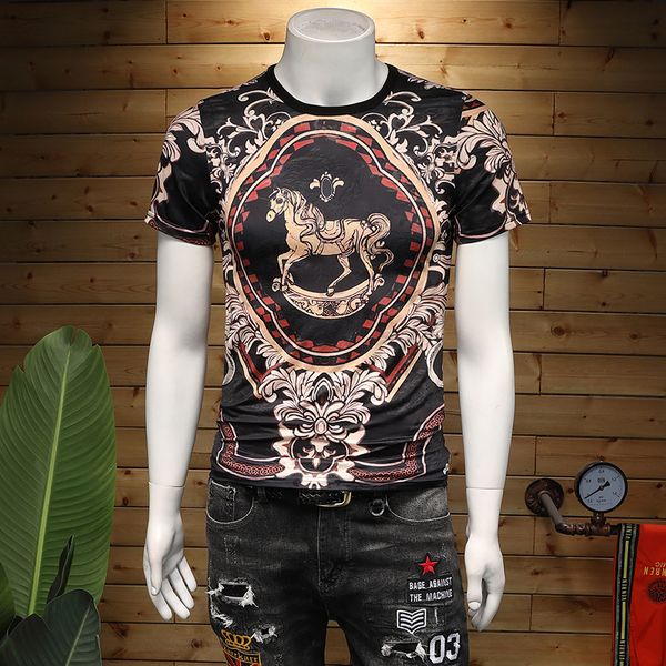 

2022 summer men's short-sleeved ice silk t-shirts creative retro printing fashion trend all-match slim round neck bottoming shirts, White;black
