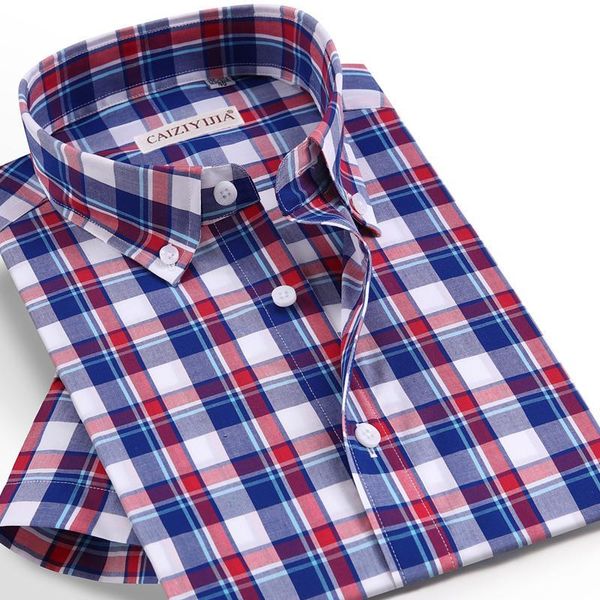 

men's summer short sleeve plaid checkered shirt pocket-less design casual button-down collar standard-fit cotton gingham shirts, White;black