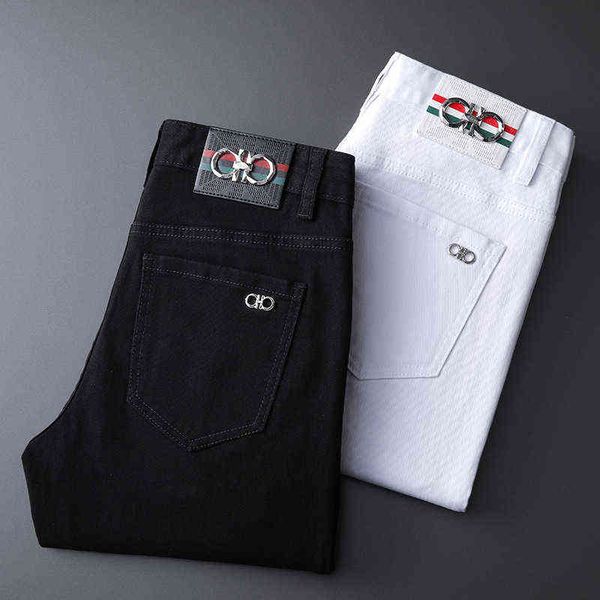 

brand chao embroidered jeans men's thin black and white straight pants high-end slim leggings, Blue