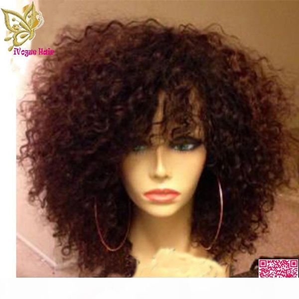 

short afro kinky curly wig brazilian hair lace front wig curly glueless human hair full lace wig with bangs baby hair, Black;brown