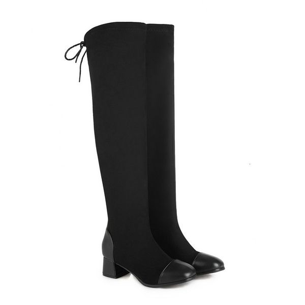 

2021 new over the knee round toe lace up long square heel women shoes stretch pu leahter + flock autumn winter boots 9fd0, Black