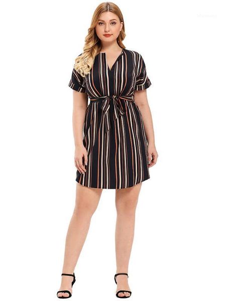 

2020 summer womens dresses large plus size fashion elegant v neck long sleeve stripes high waist mini party dress1, Black;gray