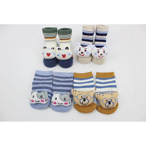 

male baby socks full cotton wool ring animal head bell dot rubber socks anti-slip suitable for autumn and winter season, Black