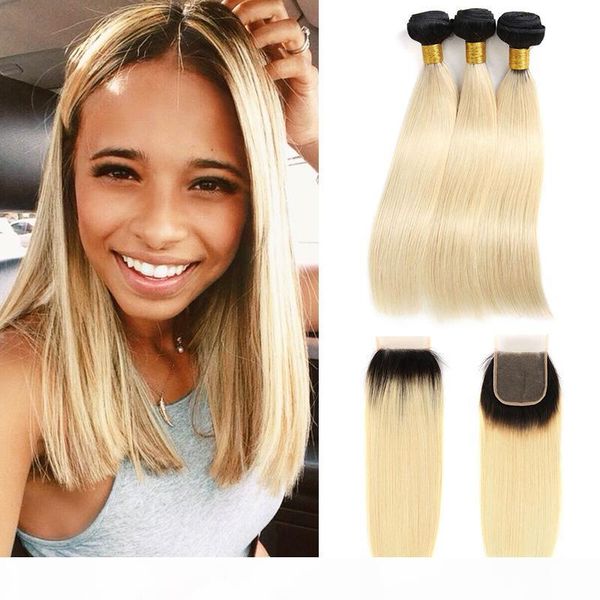 

1b 613 hair weaves extension with closure straight ombre 1b 613 brazilian virgin human hair 3 bundles with 4x4 part lace closure, Black;brown