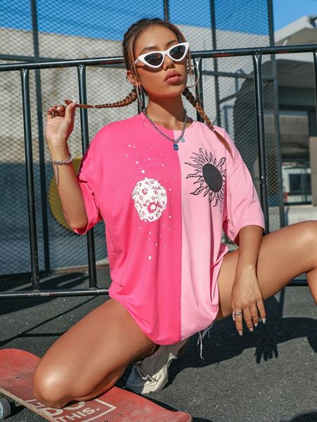 

sun & moon print two tone drop shoulder longline tee h7c7#, White