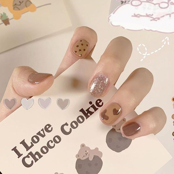 

false nails 24pcs fake short with glue chocolate bear round head wear removable manicure patch for girls, Red;gold
