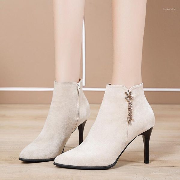 

boots suede pointed toe ankle high heels women stiletto heel short booties black beige female shoes 20211