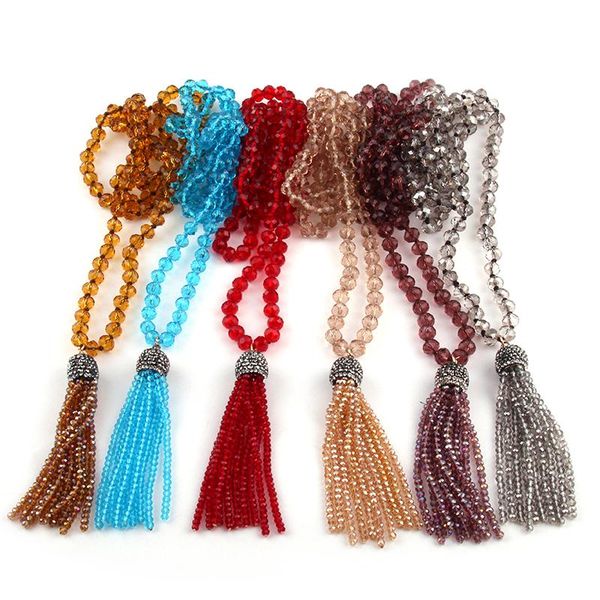 

pendant necklaces fashion bohemian tribal jewelry 5x8 crystal glass long knotted beads tassel, Silver
