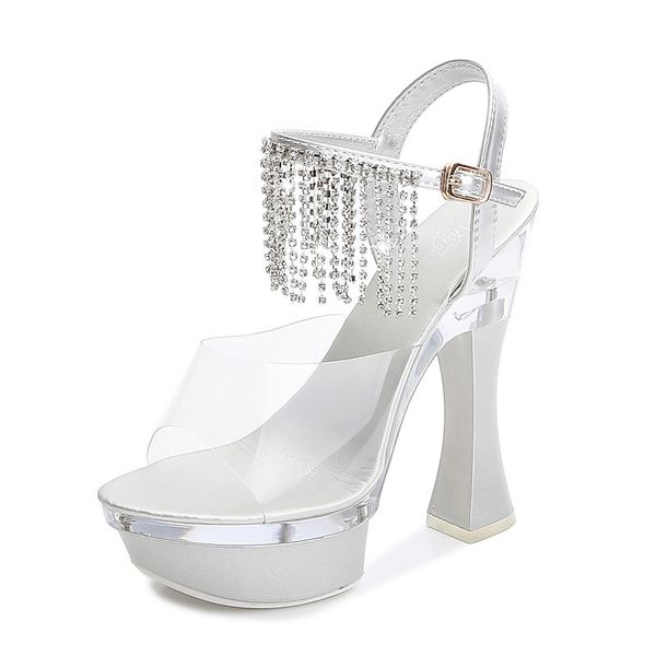 

2020 female summer fashion transparent crystal sandals two high heels four inches platform luxury fetish party red shoes xlam, Black
