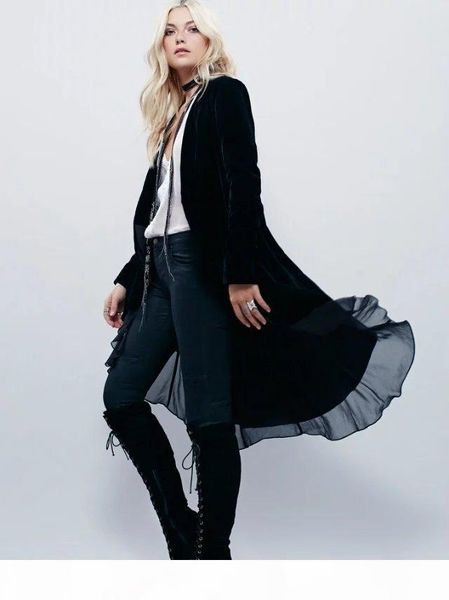 

elegant velvet chiffon ruffles trench coat women fashion open stitch dovetail casaco feminino office lady velvet duster blazermx190821, Tan;black