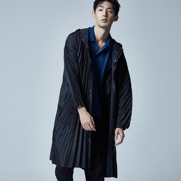 

miyake clothes men's autumn mid-long folded japanese fashion trendy jacket with handsome hat, Tan;black