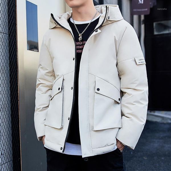 

2020 simple winter new men short jacket hooded loose down padded handsome solid colour thickened yellow padded coat1, Black