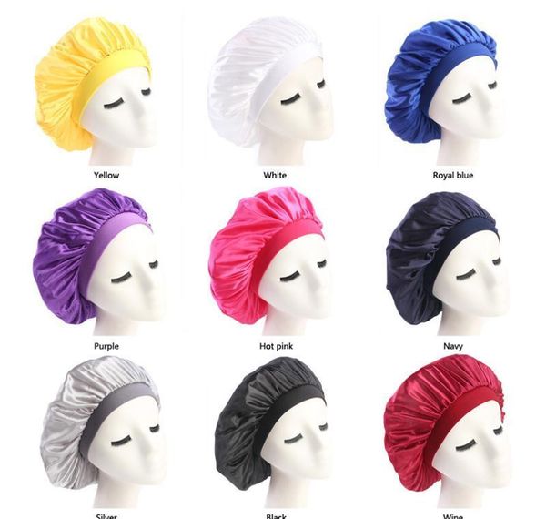 

58cm adjust solid satin bonnet hair styling cap long hair care women night sleep hat silk head wrap shower cap bbykge nana_shop, Blue;gray