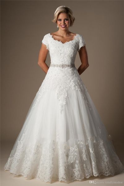 

ivory lace ball gown modest wedding dresses with short sleeves cap beaded v neck cap sleeves princess bridal gowns belt wedding go270y, White