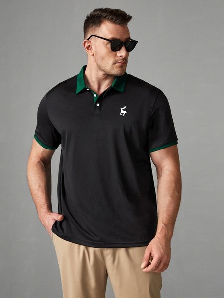 

men deer print contrast collar polo shirt z8lm#, White;black