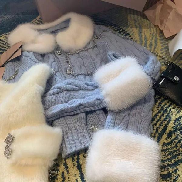 

women's knits & tees fashion removable fur collar knitted cardigan women elegant twist pattern single breasted knitwear coat sweater, White