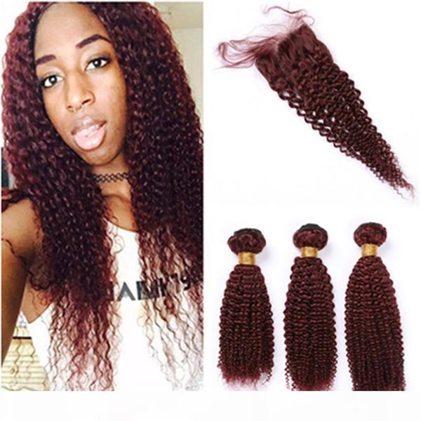

wine red kinky curly human hair 3 bundles with closure pure 99j color brazilian curly human hair weaves with burgundy lace closure 4x4, Black