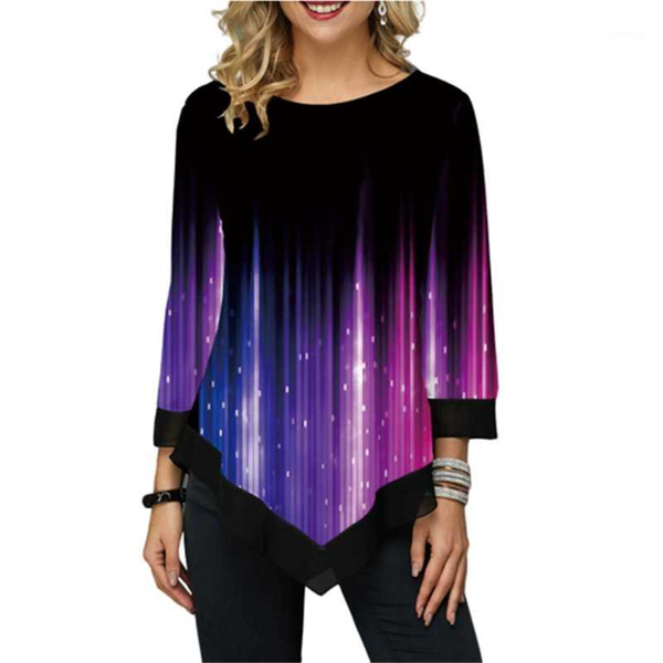 

plus size 5xl women 3d gradient printed tees casual three quarter o-neck loose irregular t shirts fashion ladies summer, White