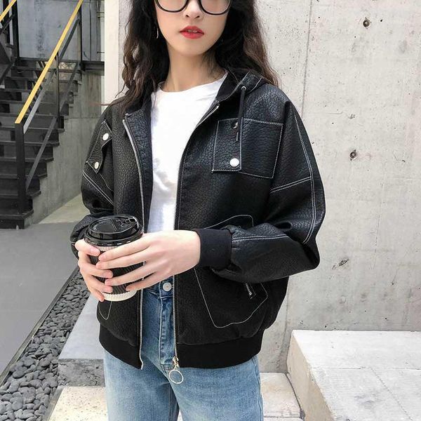 

women's hooded pu leather motorcycle loose fit casual jacket bike street short coat n371, Black
