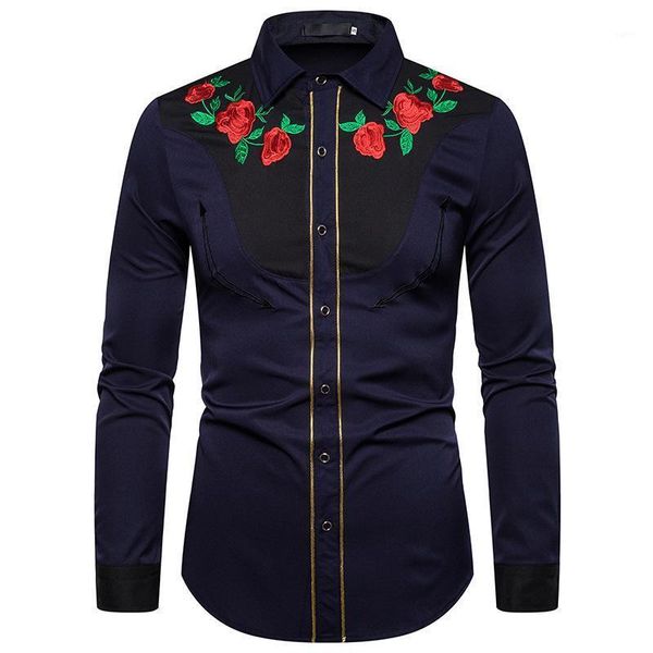 

floral unique design blouse men shirt male rose embroidery flower long-sleeved shirt for man white black navy1