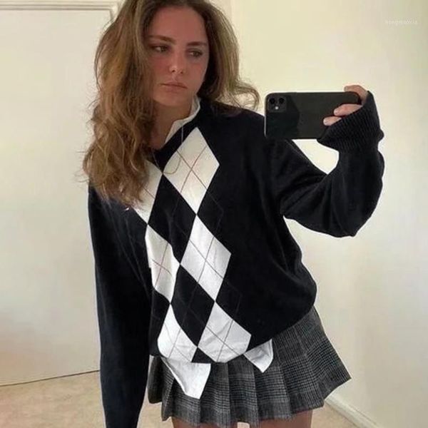 

vintage geometric print knit sweater women 2020 autumn winter long sleeve pullover simple loose streetwear cotton sweaters1, White;black