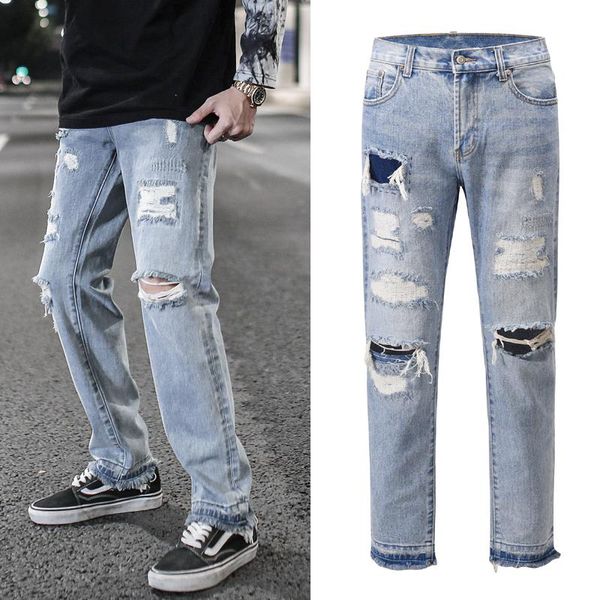 

men's jeans knee hole frayed casual for men streetwear straight oversize washed retro denim trousers hip hop clothing, Blue