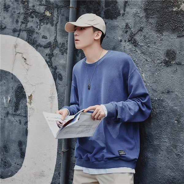 

2019 spring and autumn men's new casual solid color long-sleeved round neck hoodies loose temperament trend cotton1, Black