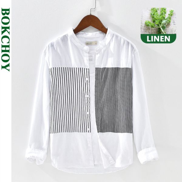 

patchwork linen shirts for man pure hemp made breathable comfortable striped covered button 2020 autumn winter new gml03-1929 c1212, White;black