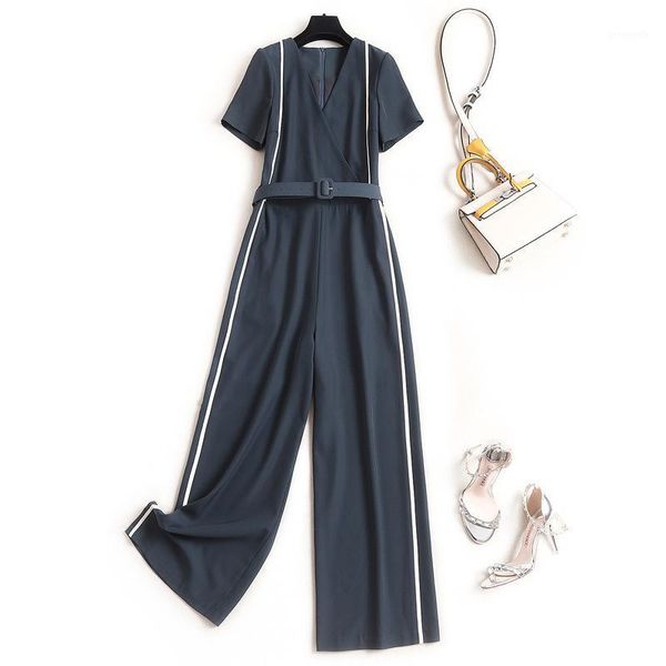

2020 summer fashion pure black color chiffon v-neck slim striped with belt straight leg overalls rompers womens jumpsuit1, Black;white