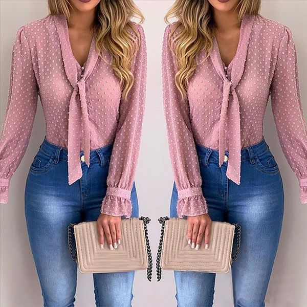 

new elegant chiffon blouses women autumn fashion long sleeve v neck pink shirt office blouse slim casual female plus size, White