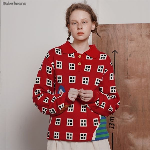 

autumn original design loose window pattern women winter sweater thick pullover knitwear long sleeve turn down collar red 201130, White;black