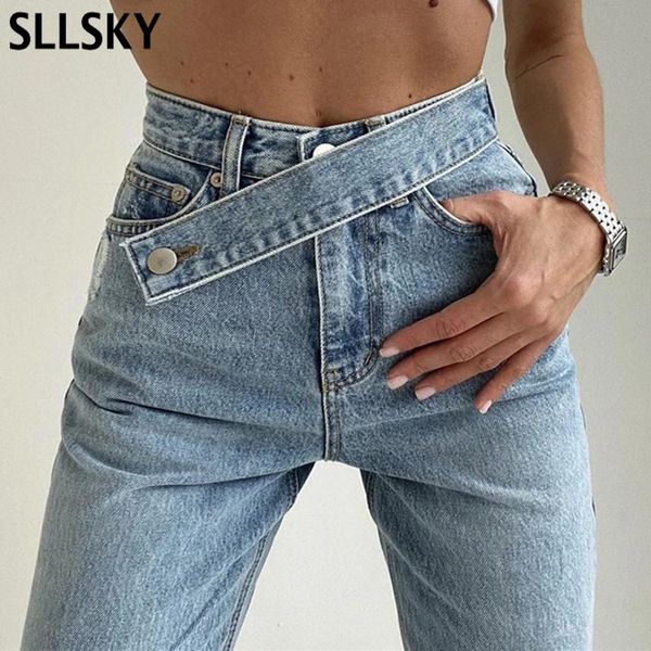 

sllsky new casual fashion straight denim high waist jeans women pants fall winter 2020 harajuku boyfriend jeans loose bottom, Blue