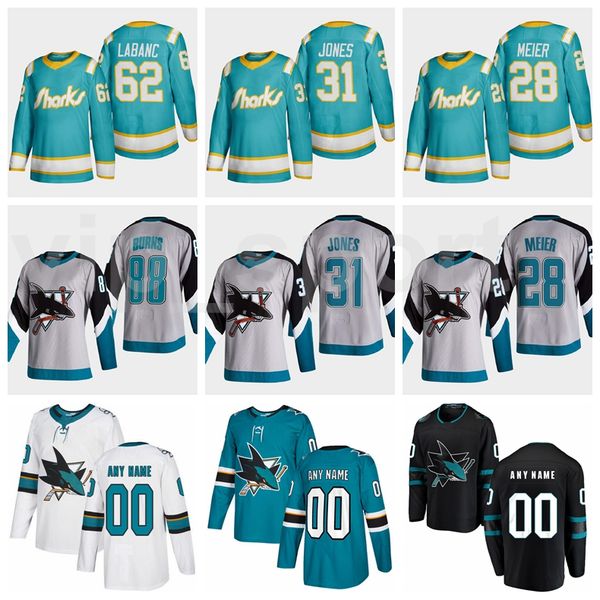 

san jose sharks ice hockey reverse retro 31 martin jones jersey 88 brent burns 28 timo meier 62 kevin labanc 19 ozzy wiesblatt, Black;red