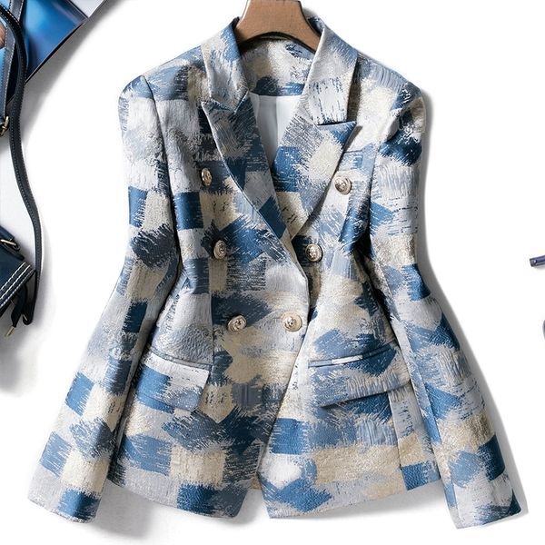 

brand new unique designing runway women notched double breasted plaid graffiti printing autumn casual blazer jacket 201114, White;black