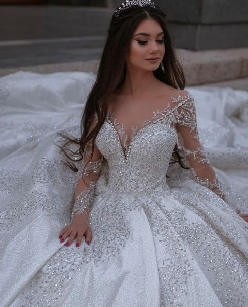

princess crystal wedding dress v neck long sleeves bridal gowns lace appliques sweep train glamorous robe de mariee, White