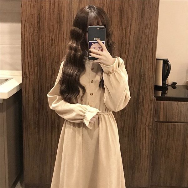 

long sleeve dress women autumn winter solid corduroy pink kawaii buttons mid-long all-match loose student womens 201008, White;black