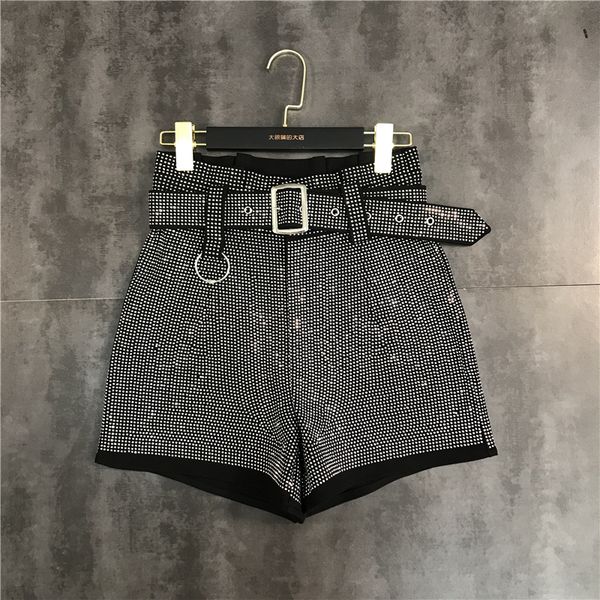 

european fashion new design women's high waist with belt sashes rhinestone shinny bling patchwork loose plus size shorts trousers smlxl, White;black