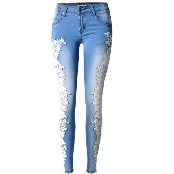 

plus size 34-44fashion lace patchwork women pencil jeans low waist skinny slim denim elastic jeans, Blue
