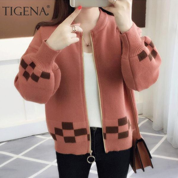 

tigena zipper cardigan women 2019 autumn winter korean long sleeve sweater cardigan female knitted jacket women yellow red blue c1120, White;black
